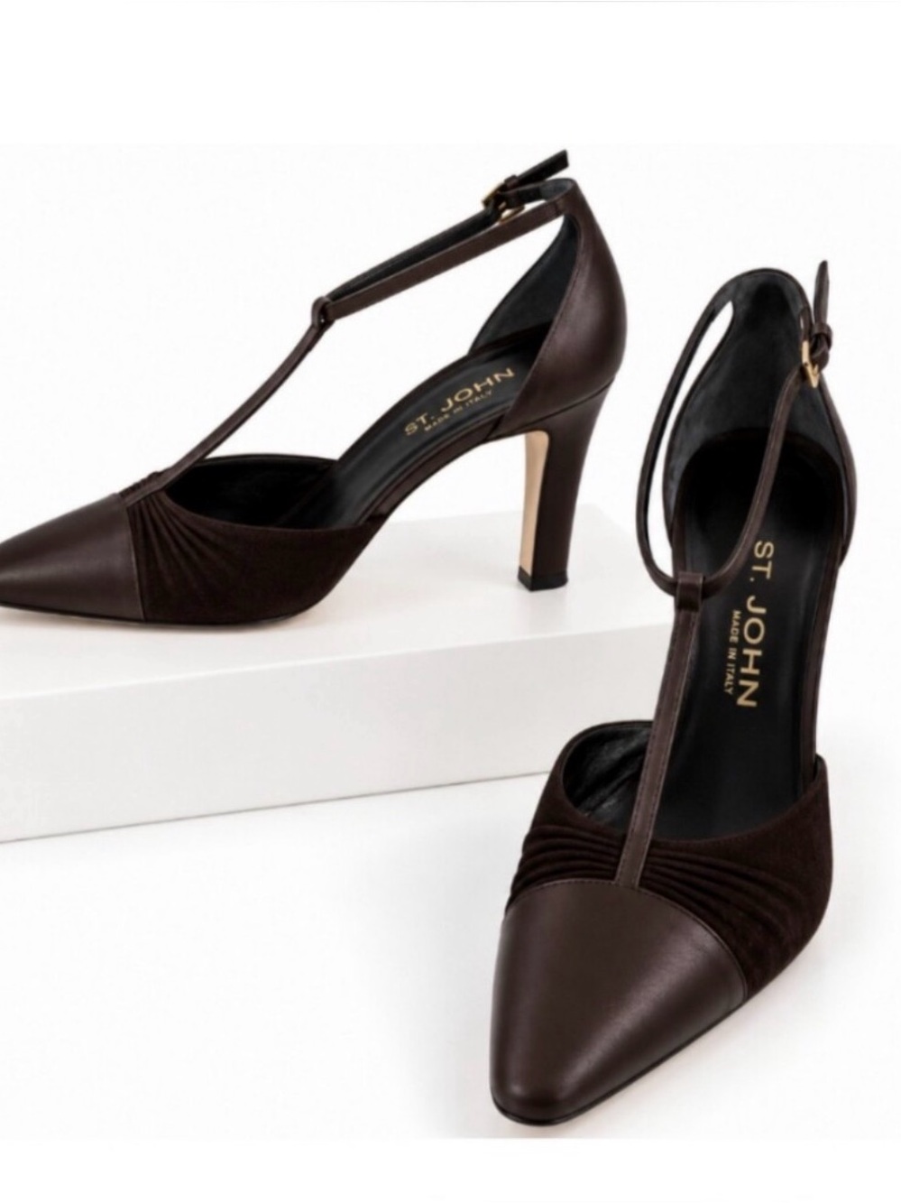 St. John Brown T-Strap Heels Size 8 Leather Heels Cap Toe Quiet Luxury Coquette
